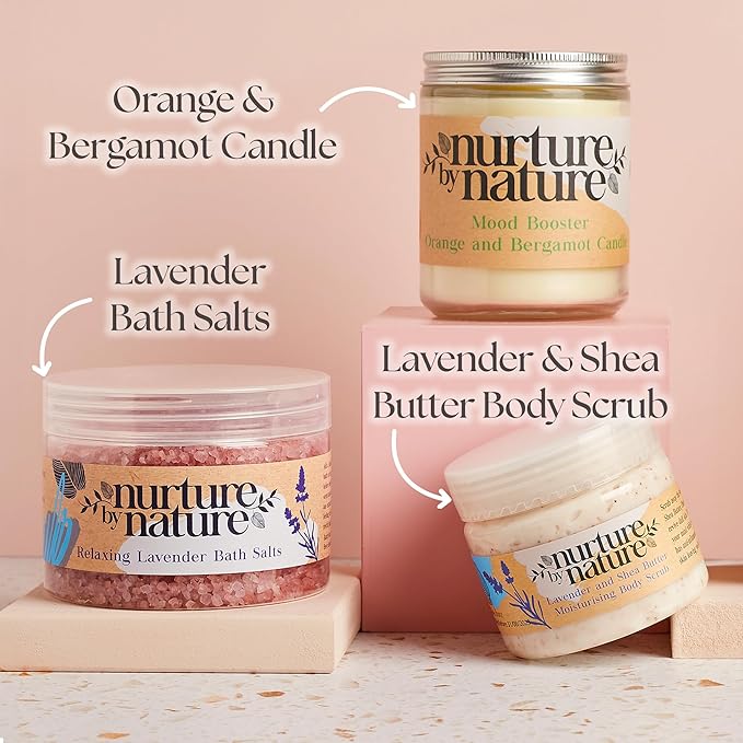 Nurture by Nature RELAX & CALM Spa Kit - Mothers Day Gifts - Spa Gift Baskets For Women, Complete Bath Sets for Women Gift - Lavender Pillow Mist, Bath Salts, Bath Bomb - Self Care Gift Basket
