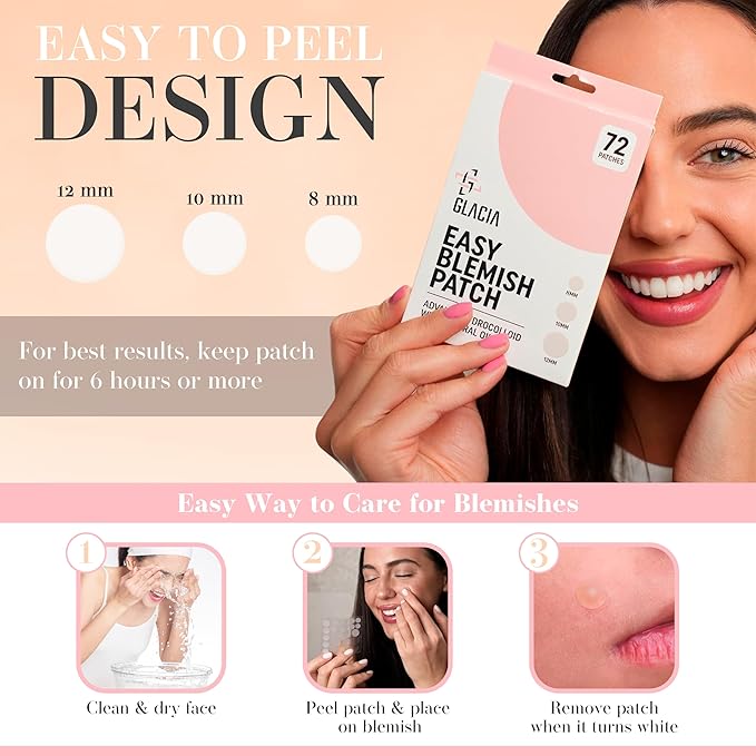 Glacia Pimple Patches 72 Pack of Hydrocolloid Skin Patches for All Skin Types β Gentle and Natural Patches for Clear and Smooth Skin
