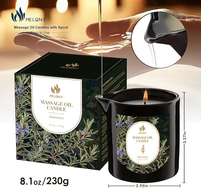MELONY Aromatherapy Massage Oil Candle, Essential Oil Candle Lotion, 8.1OZ/230g, Home Spa with Luxurious Body Oil Candle, Intensive Skin Treatment Candle, Low Temp Body Safe Wax (Rosemary)