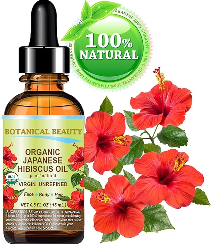 Botanical Beauty Organic HIBISCUS OIL (Hibiscus Sabdariffa) JAPANESE 100 Pure Natural VIRGIN UNREFINED COLD PRESSED Anti Aging, Vitamin E oil for FACE, SKIN, HAIR GROWTH 0.5 Fl.oz.- 15 ml