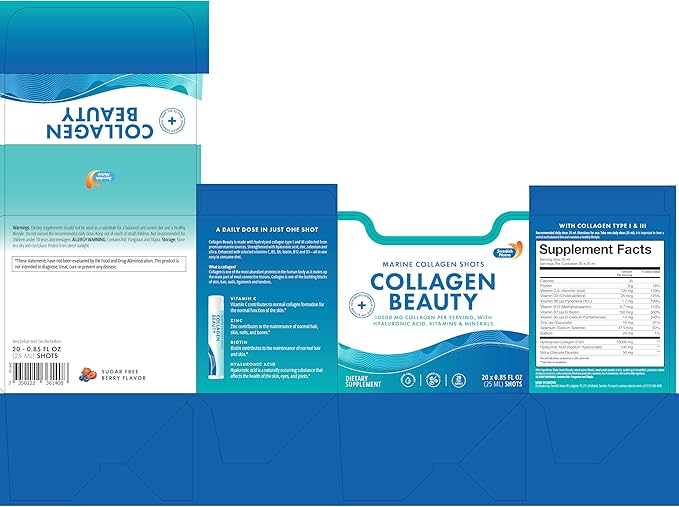 Swedish Nutra - Collagen Beauty | 10,000 mg Hydrolyzed Marine Collagen Liquid Supplement - 60 x 25 ml Daily Shots | Hyaluronic Acid and Vitamin C to Support Healthy Hair, Skin, Nails | Sugar-Free