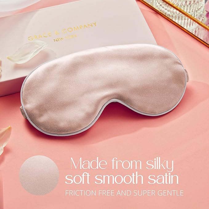 Grace & Company Silky Satin Eye Mask for Women - Premium Pink Satin Silk Sleep Mask - Hydrating, Ultra Soft & Lightweight Vegan Sleeping Mask - Peony