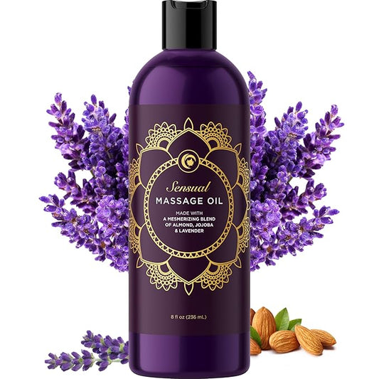 Aromatherapy Sensual Massage Oil for Couples - Relaxing Lavender Massaging Oil for Massage Therapy with Vitamin E Jojoba & Sweet Almond - Naturally Scented Vegan Non GMO & Gluten Free (8 Fl Oz)