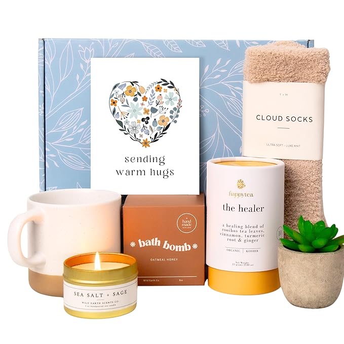 Unboxme Luxe Get Well Soon Gift Box for Women | Organic Self Care Package with Bath Bomb, FLuffy Socks, Mug, Lemon Ginger Tea Set, Candle & Warm Hugs Card | Feel Better Basket