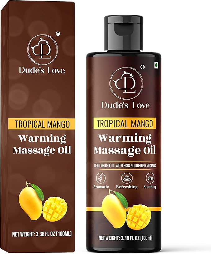 Dude's Love - Organic - Flavored Warming Body Massage Oil - Tropical Mango | No Stain - Non-Sticky | Nourish & Moisturize Skin | Aromatherapy Vegan Oil - 3.38 Fl Oz
