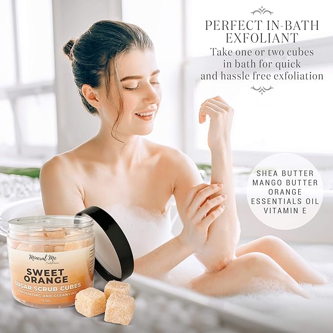 Body Scrub Exfoliator - 12oz SWEET ORANGE Sugar scrub cubes w/Mango Butter & Shea butter- Ultra Hydrating & Moisturizing - Natural & Organic for all body exfoliation- For hands, arms legs, elbow, foot