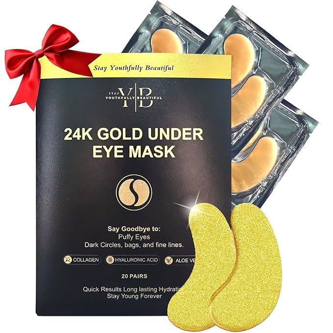 24k Gold Under Eye Patches (20 Pairs), facial wrinkle patches, Hyaluronic Acid, Aloe Vera, Collagen Skin Care anti wrinkle treatment, Eye Patches for Puffy Eyes, eye masks dark circles and puffiness