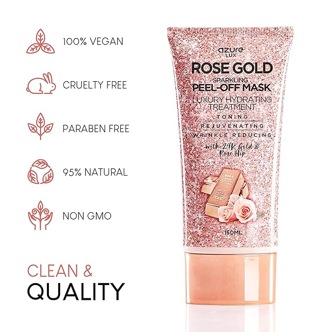 Azure Cosmetics Rose Gold Hydrating Peel Off Face Mask- Dermatologist Tested - Anti Aging, Toning & Rejuvenating - Removes Blackheads, Dirt & Oils - Real 24K Gold & Rose Hip Oil - 5.07 fl.oz.