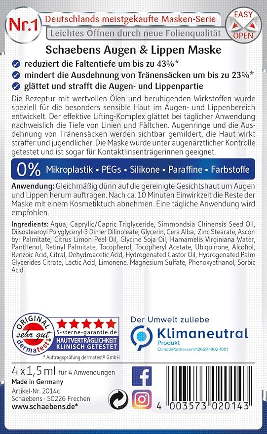 Eyes & Lips Mask - With jojoba, Q10, panthenol - for 40 Applications (Pack of 10 x 4 units. 1.5 ml per unit) - for all skin types