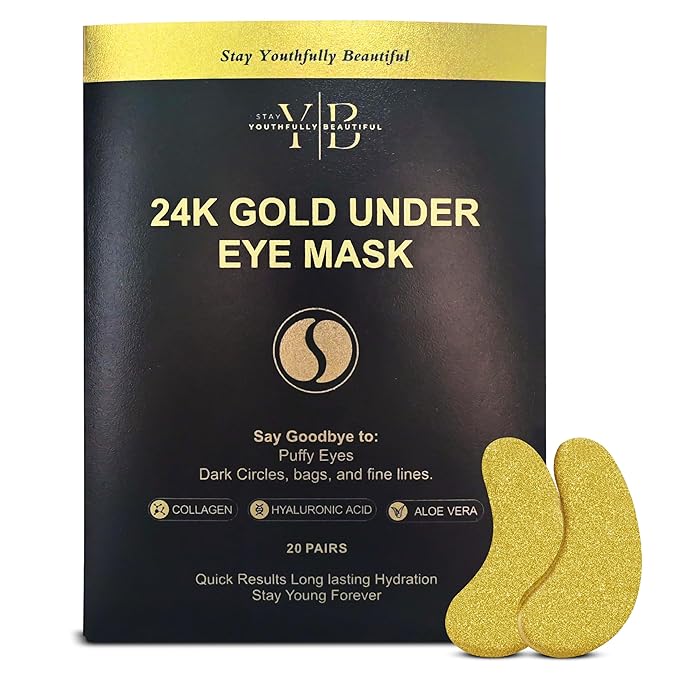24k Gold Under Eye Patches (20 Pairs), facial wrinkle patches, Hyaluronic Acid, Aloe Vera, Collagen Skin Care anti wrinkle treatment, Eye Patches for Puffy Eyes, eye masks dark circles and puffiness