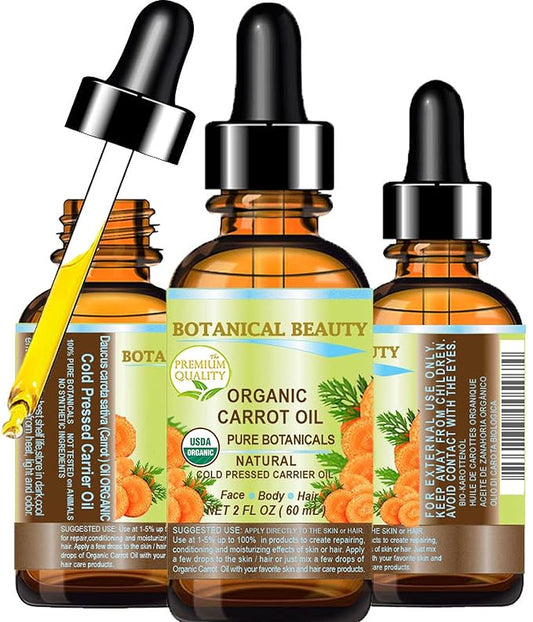 Botanical Beauty Organic CARROT SEED OIL 100% Pure VIRGIN UNREFINED Undiluted Cold Pressed Carrier Oil 2 Fl.oz.‐ 60 ml. for Face, Skin, Body, Hair, Lip, Nails. Rich in Beta Carotene, Vitamin E