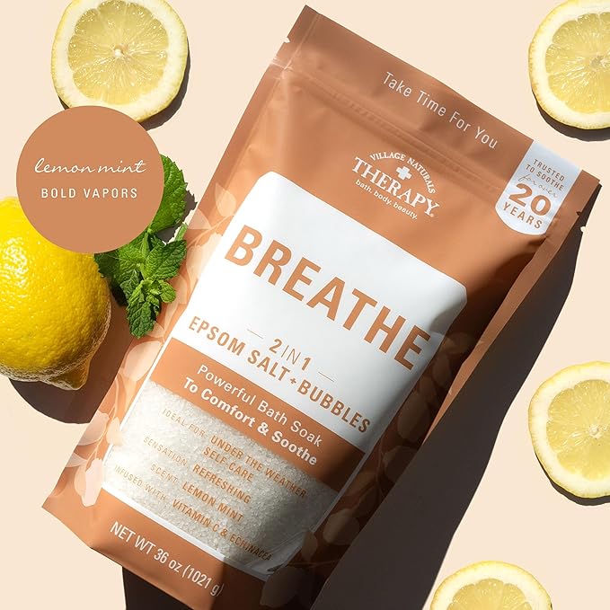 Village Naturals Breathe Foaming Body Soak, Epsom Salt, Essential Oils, Soothing Bubbles, Sea Salt 36 oz, Pack of 2