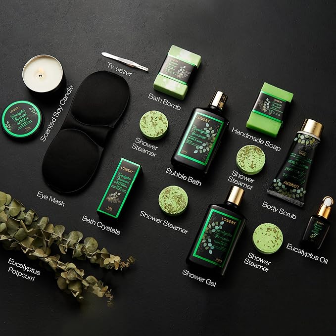 Mothers Day Gifts, Eucalyptus Spearmint Bath Set, Home Spa Set with Natural Mint Fragrance, 17 Pcs Gift Basket, Eucalyptus Bath Oil, Shower Gel, Bubble Bath, Bath Crystal, Steamer Tablet & More