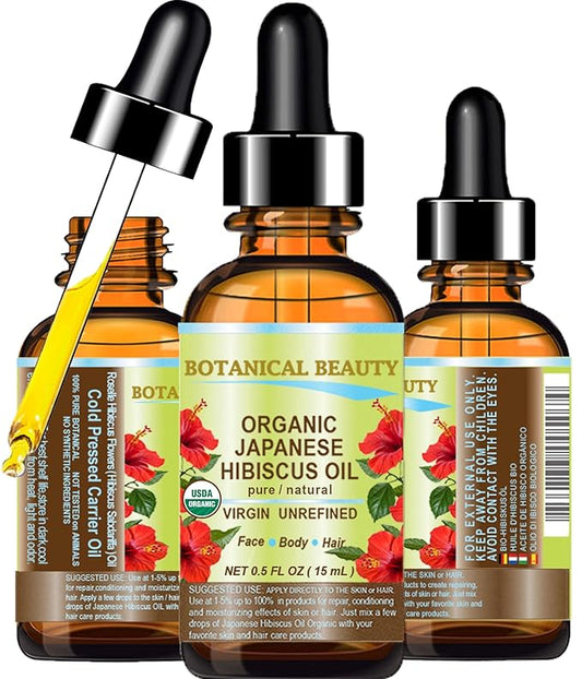 Botanical Beauty Organic HIBISCUS OIL (Hibiscus Sabdariffa) JAPANESE 100 Pure Natural VIRGIN UNREFINED COLD PRESSED Anti Aging, Vitamin E oil for FACE, SKIN, HAIR GROWTH 0.5 Fl.oz.- 15 ml