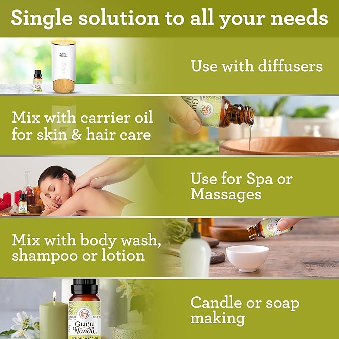 GuruNanda Lemongrass Essential Oil (Pack of 2 x 0.5 Fl Oz) - 100% Pure, Premium Therapeutic Grade Oil for Cleansing and Rejuvenation, Aromatherapy for Hair and Face Care, Fresh Citrus Scent