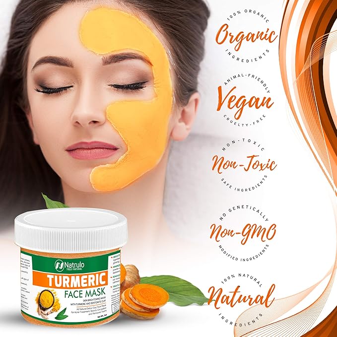 Natrulo Turmeric Face Mask - Skin Brightening Mask with Turmeric and Bentonite Clay - All-Natural Face Mask for Acne Treatment - Boosts Circulation and Removes Toxins - Turmeric Detox Clay Face Mask