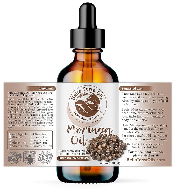 Bella Terra Oils - Organic Moringa Oil 4oz - The Power of Pure Premium Organic Moringa, Fortified with Vitamin A & C, Enhancing Skin's Natural Brilliance