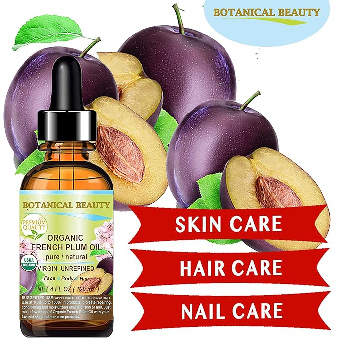 Botanical Beauty Organic French PLUM OIL 100% Pure Natural VIRGIN UNREFINED Cold-Pressed Carrier Oil 4 Fl oz 120 ml for Face, Skin, Body, Hair, Lip, Nails. Rich in Vitamin E, Omega 6, Omega 9