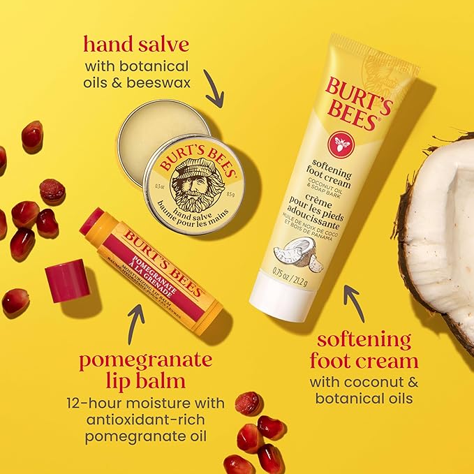 Burt's Bees Gifts Ideas, Tips and Toes Kit, 6 Travel Size Products - Pomegranate Moisturizing Lip Balm, 2 Hand Creams, Foot Cream, Cuticle Cream, and Hand Salve