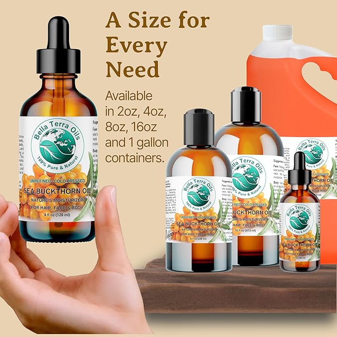 Bella Terra Oils - Sea Buckthorn Oil 16 oz - Capturing the Essence of Organic Sea Buckthorn Berries, Loaded with Omega-7 & Omega-9, A Sumptuous Embrace for Skin