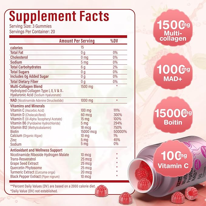 Hydrolyzed Collagen Peptide Filled NAD Biotin Gummies and AREDS 2 Lutein Zeaxanthin Omega-3 CoQ10 Bilberry Exctra Eye Vitamins Supplement 1+1 Combination Pack
