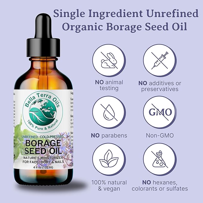 Bella Terra Oils - Organic Borage Seed Oil 4 oz - Rich in GLA, Pure & Untouched, Abundant in Omega-6 Fatty Acids, Elevate Skin's Natural Radiance & Softness