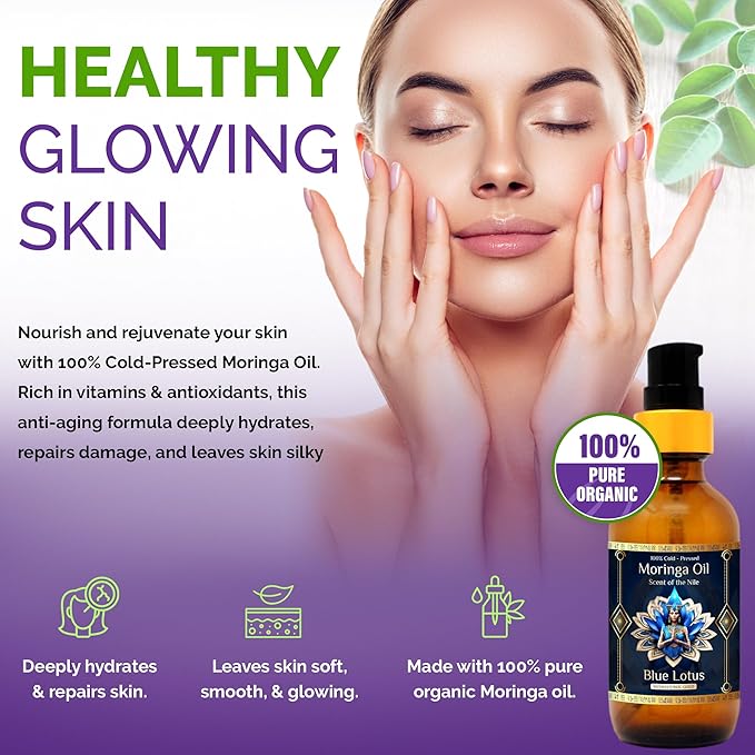 Pure Organic Moringa Oil with Blue Lotus Flower & Ormus Gold – Hydrating & Anti-Aging Oil for Skin, Hair & Nails – Premium 100% Cold Pressed Moringa Seed Extraction, Nourishes & Hydrates Skin