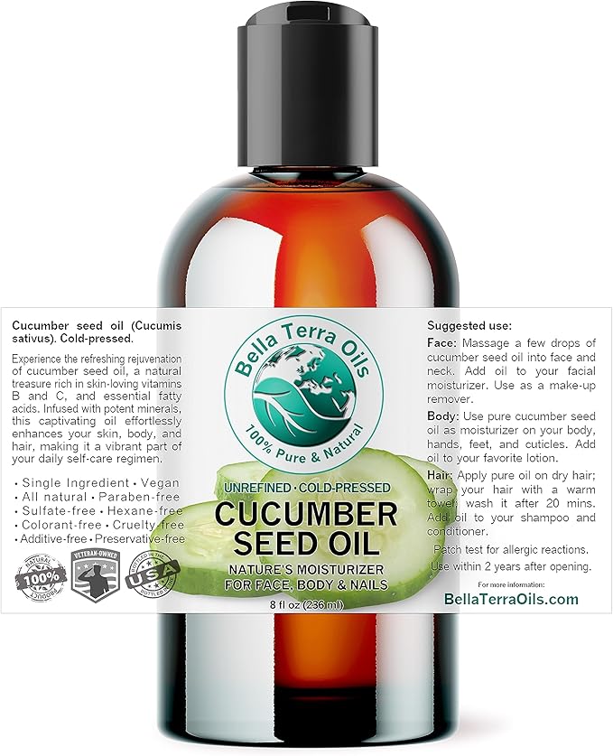 Bella Terra Oils - Cucumber Seed Oil 8 oz - Dive into Cucumber's Nutritional Treasure, Infused with Vitamins & Omega-3, Seamless Addition to Skin Care Arsenal