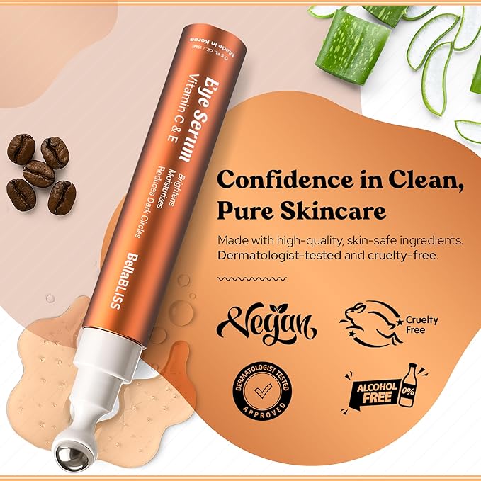 BellaBLISS Vitamin C & Vitamin E Eye Serum ā Hydrating Under Eye Roller for Puffiness, Wrinkles & Dark Circles ā Lightweight Cooling Formula ā 0.5 fl.oz / 15 ml ā Pack of 1