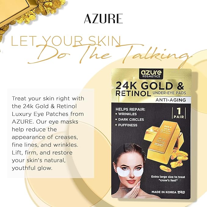Azure Cosmetics 24K Gold & Retinol Anti Aging Under Eye Patches - Firming, Restoring & Deeply Hydrating Eye Mask - Reduces Fine Lines, Wrinkles, Dark Circles & Puffiness - Made in Korea, 5 Pairs