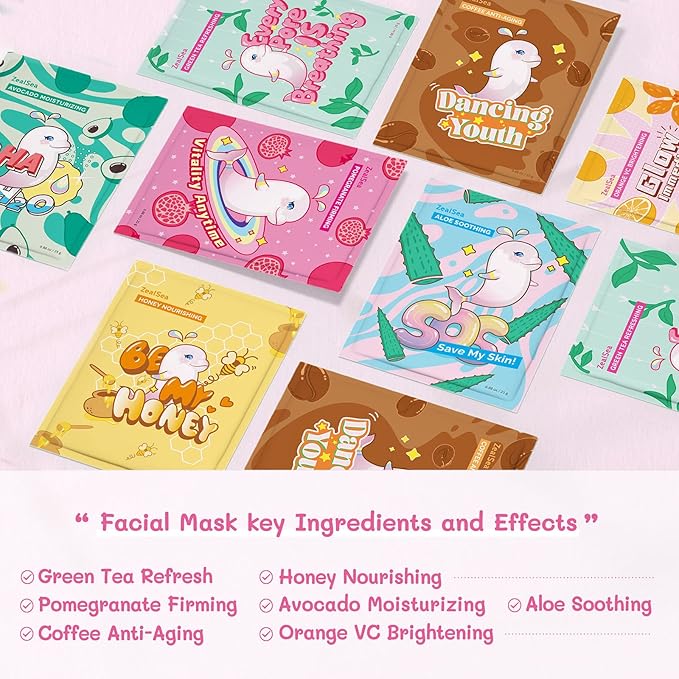 ZealSea Face Masks Skincare, Facial Masks for Women Skin Care, Sheet Masks Beauty with Natural Ingredients, Birthday Party Spa Gift for Kids Teens Girls, Hydrate and Soothe for All Skin Types 14 Pack