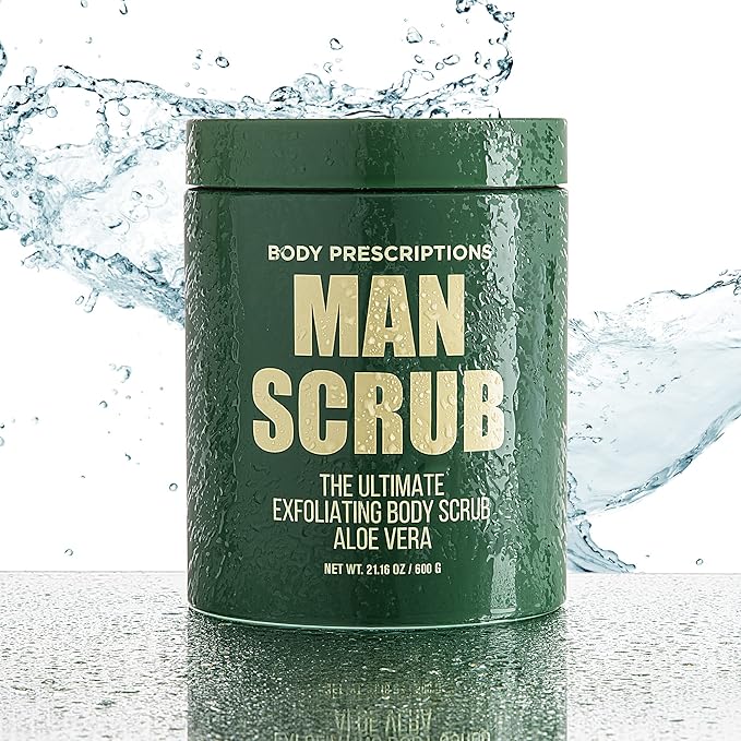 Body Prescriptions Men’s Exfoliating Body Scrub – Ultimate Skin Cleansing Wash in Jar with Twist-Top Lid, For All Skin Types, 21 Ounce (Pack of 4), Aloe Vera