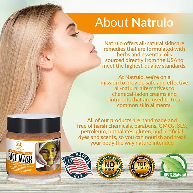 Natrulo Turmeric Face Mask - Skin Brightening Mask with Turmeric and Bentonite Clay - All-Natural Face Mask for Acne Treatment - Boosts Circulation and Removes Toxins - Detox Clay Face Mask