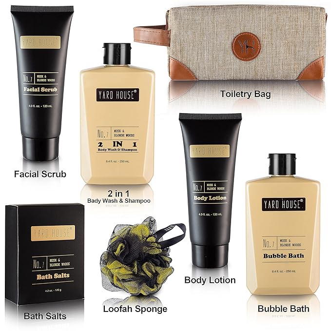 Mens Bath and Body Gift Set - Musk and Blonde Woods - Luxury Christmas, Birthday, Fathers Day Gifts From Daughter, Wife, Son For Dad, Husband - Relaxing Spa Kit for Him in Toiletry Bag
