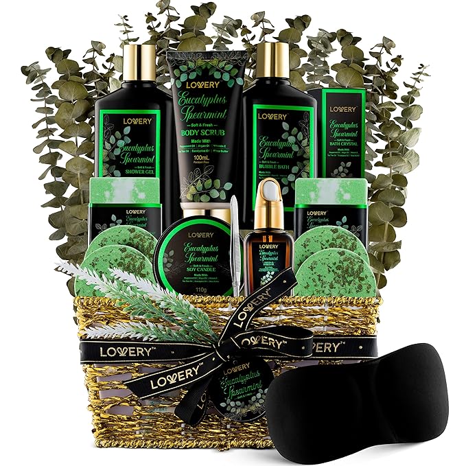 Mothers Day Gifts, Eucalyptus Spearmint Bath Set, Home Spa Set with Natural Mint Fragrance, 17 Pcs Gift Basket, Eucalyptus Bath Oil, Shower Gel, Bubble Bath, Bath Crystal, Steamer Tablet & More