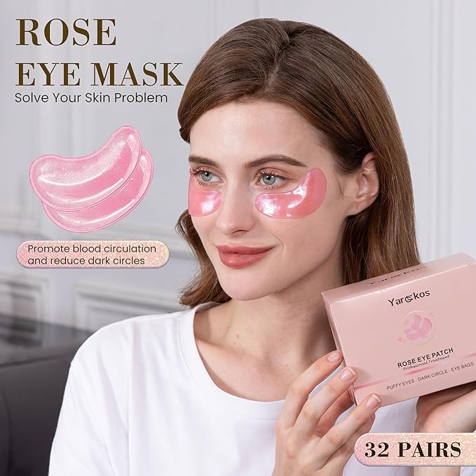 32 Pairs Pink Under Eye Patches, Rose Cooling Hydrating Eye Mask for Dark Circles Puffiness Puffy Eyes, Anti Wrinkle Collagen Undereye Pad, 32 Sets Women Travel Beauty Skincare Face Gel