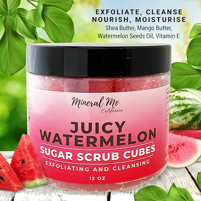 Body Scrub Exfoliator - 12oz WATERMELON Sugar scrub cubes w/Mango Butter & Shea butter- Ultra Hydrating & Moisturizing - All Natural & Organic for all body exfoliation- For hands, arms legs, elbow