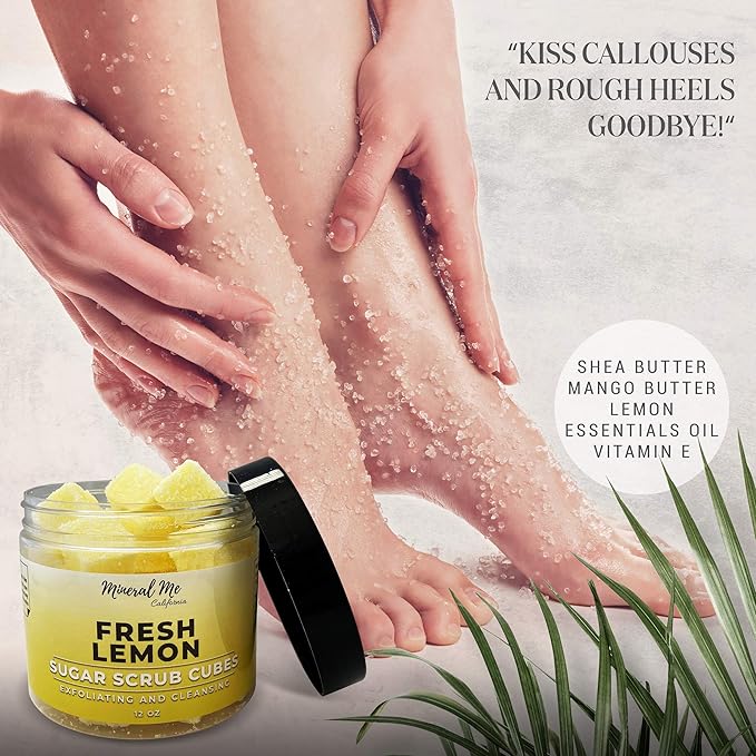 Body Scrub Exfoliator - 12oz FRESH LEMON Sugar scrub cubes w/Mango Butter & Shea butter- Ultra Hydrating & Moisturizing - Natural & Organic for all body exfoliation- For hands, arms legs, elbow & foot