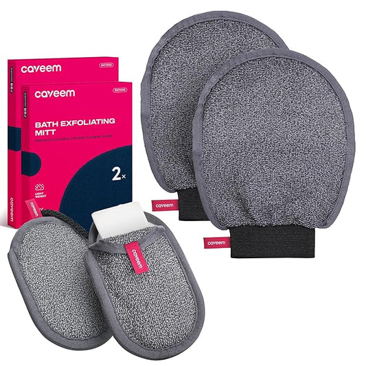 Caveem's Exfoliating Glove (2 Pack) & Soft Soap Bag (2 Pack) – Deep and Gentle Exfoliation for Remove Dead Skin