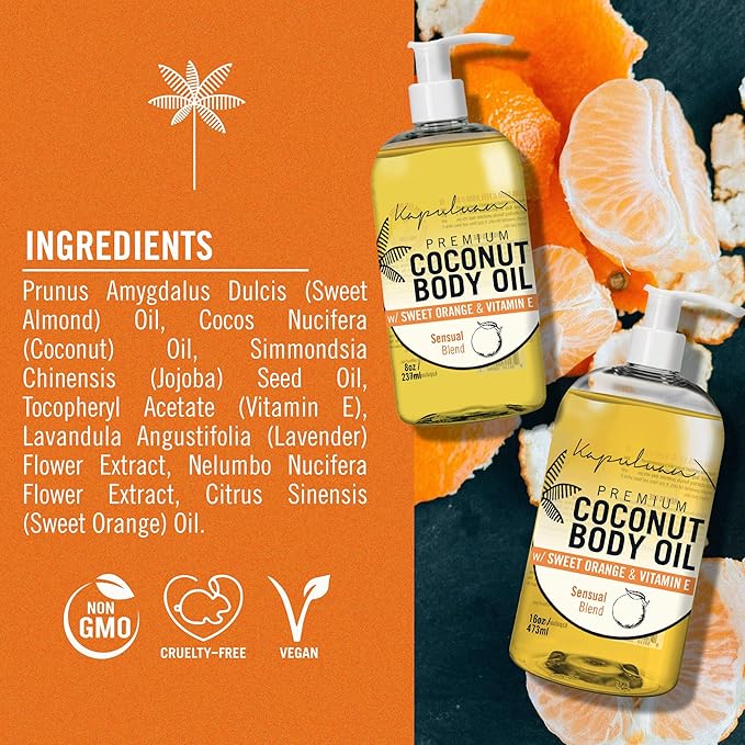 Massage Body Oil - Nourishing Blend with Sweet Orange & Lotus Flower - For Soft, Radiant Skin - Apricot, Coconut, Jojoba Oils - 8 oz