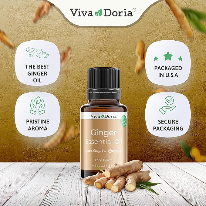 Viva Doria Ginger Essential Oil, 100% Pure Natural, Fresh Ginger Essential Oil, Undiluted, for Aromatherapy | Food Grade, 15 mL (0.5 Fluid Ounce)