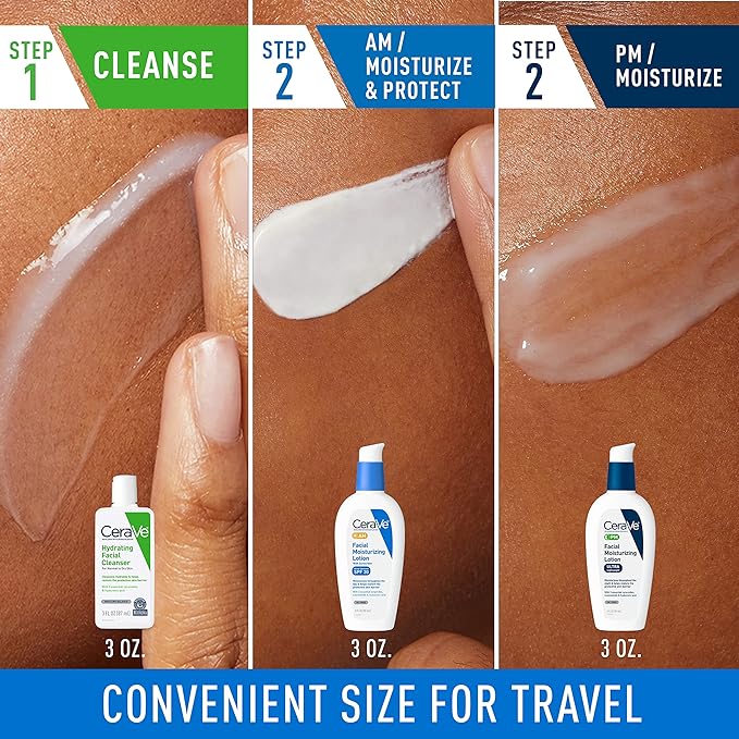 CeraVe AM Face Moisturizer with SPF, PM Face Moisturizer & Hydrating Face Wash Skin Care Routine for Morning & Night | Travel Size Toiletries | 3oz Lotion + 3oz Lotion + 3oz Cleanser