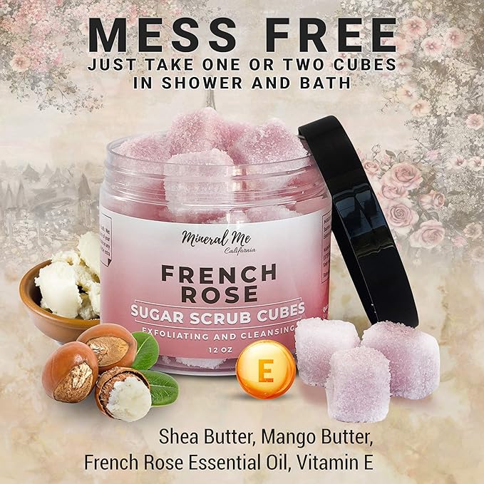 Body Scrub Exfoliator - 12oz FRENCH ROSE Sugar scrub cubes w/Mango Butter & Shea butter- Ultra Hydrating & Moisturizing - Natural & Organic for all body exfoliation- For hands, arms, legs & foot