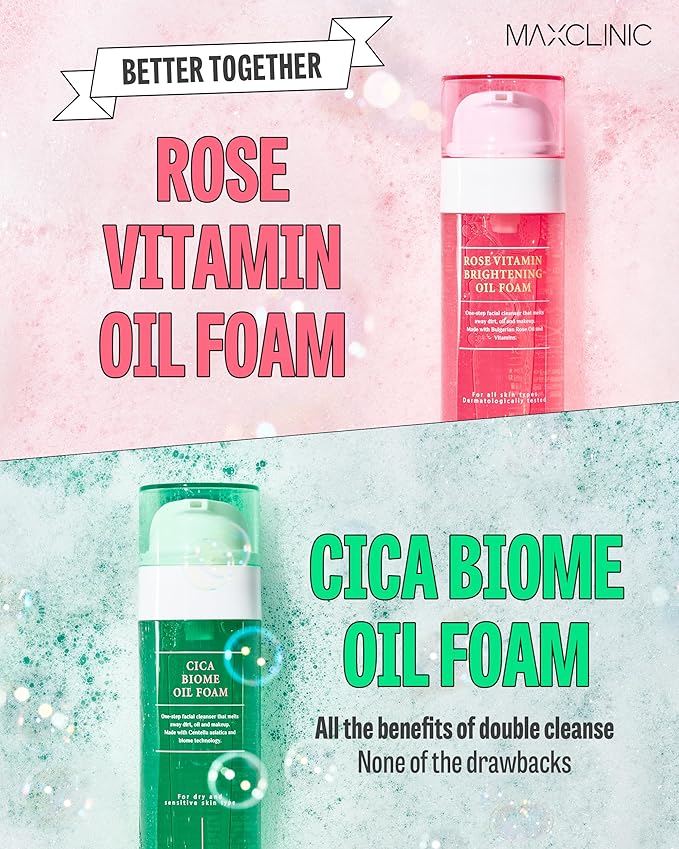 K-Beauty Rose Vitamin + Cica Biome Foam Gift Set | Daily Face Wash - Oil Based Cleanser to Foam | Korean Skin Care for Dry Sensitive Skin | Face Cleanser Bundle
