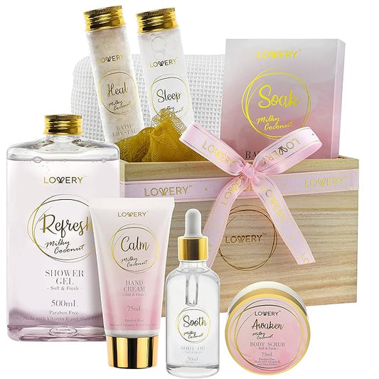 Mothers Day Bath Gift Set - Home Spa Gift Basket with Milky Coconut, Vitamin E & Shea Butter with Shower Gel, Bath Salt & Crystals, Body Scrub, Hand Cream, Body Oil, Bath Pillow, Wooden Crate & More