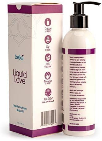 Liquid Love Vanilla Exotique Body Oil for Relaxing Massage Therapy and Sensual Couple's Massages - Made in The USA, 100% Vegan with Luscious Virgin Oils, Grape Seed, Coconut, Vitamin E, 8 floz