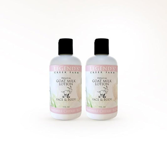 Legend's Creek Farm Goat Milk Lotion - Moisturizing Goat Milk Body Lotion for Body, Hand & Face - 9 oz Body Moisturizer with Shea Butter, Sunflower Oil, Aloe (2-Pack, Chamomile Cherry Blossom)