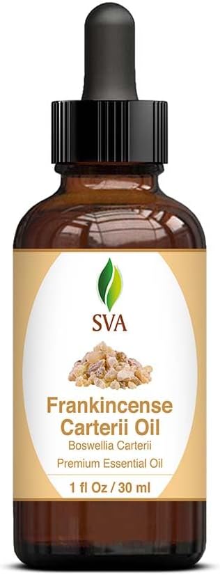 SVA Frankincense Essential Oil – 1 Fl Oz – 100% Natural Boswellia Carterii Oil - for Diffuser, Hair Care, Face, Skin Care, Aromatherapy, Scalp and Body Massage, Soap and Candle Making – with Dropper