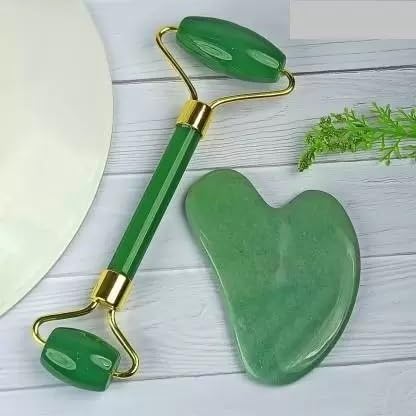 Green Jade Roller & Gua Sha Set, Face Roller Manual Massager,Green Jade Applicator for Face, Neck,Body Muscle,Relaxing, Stimulating Blood Flow, Relieve Fine Lines, Wrinkles,Green