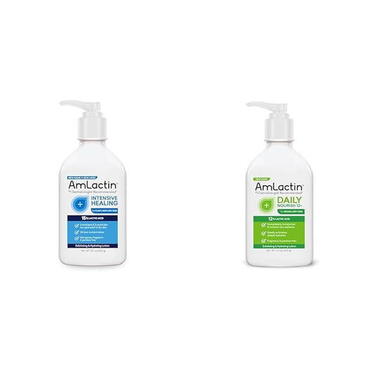 AmLactin Intensive Healing Body Lotion for Dry Skin – 14.1 oz Pump Bottle & Daily Nourish 12%-14.1 oz Body Lotion with 12% Lactic Acid-Exfoliator and Moisturizer for Dry Skin